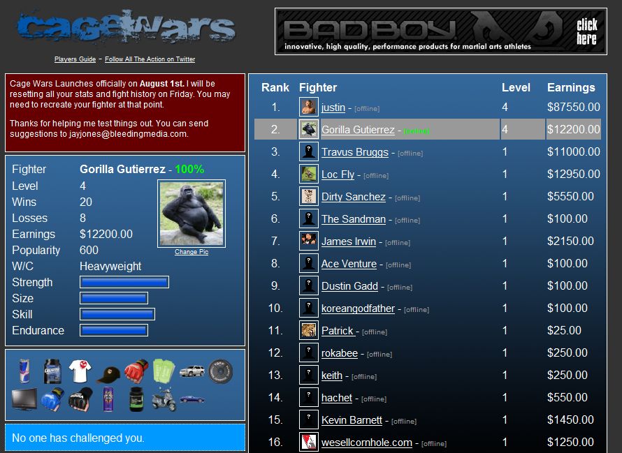 Archived CageWars dashboard showing a fighter card, inventory, challenges, and rankings
