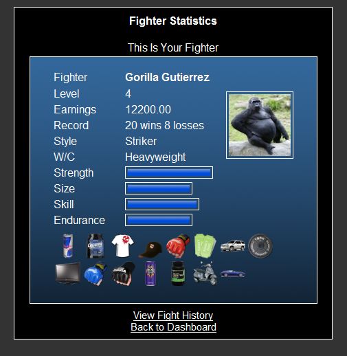 Archived CageWars fighter profile with record, style, weight class, attributes, and inventory