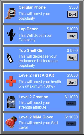 Archived CageWars store with popularity, health, strength, and skill items